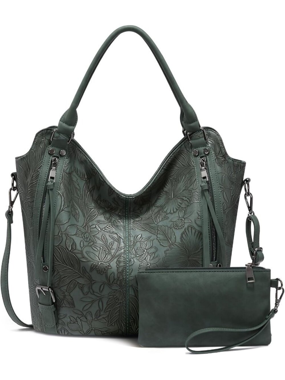 Women's Dark Green PU Leather Tote Large Hobo Shoulder Purse Adjustable Handbag